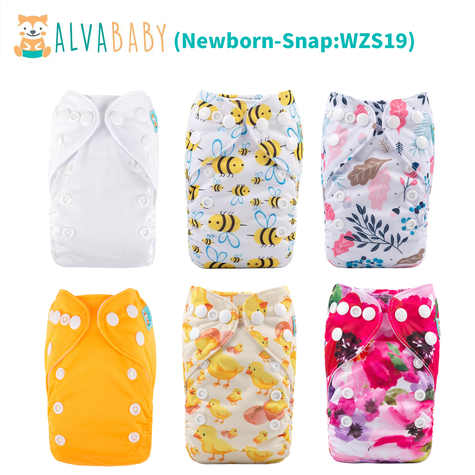 6-Pack Newborn Cloth Diapers with 6 Microfiber Inserts for Infants & Toddlers
