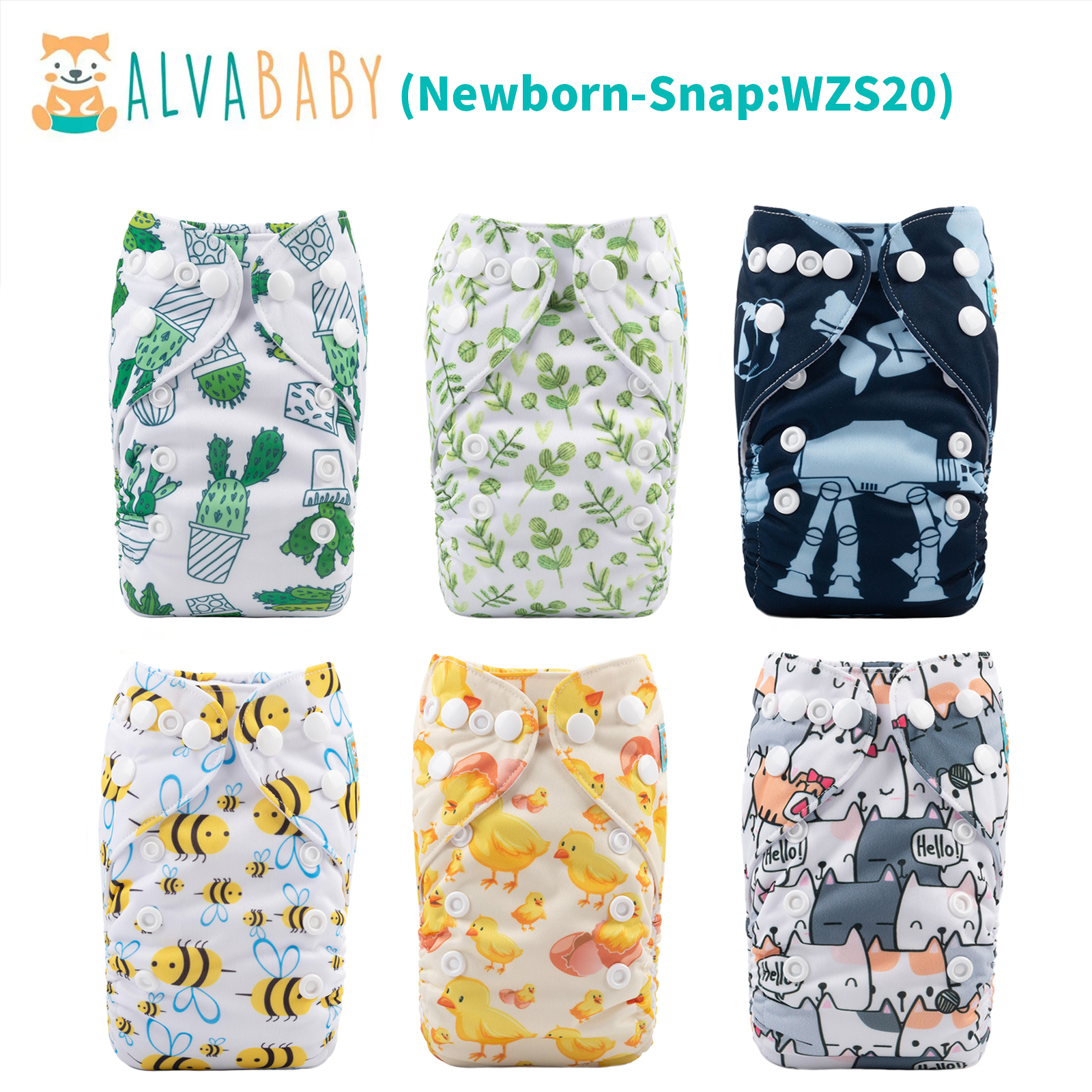 6-Pack Newborn Cloth Diapers with 6 Microfiber Inserts for Infants & Toddlers