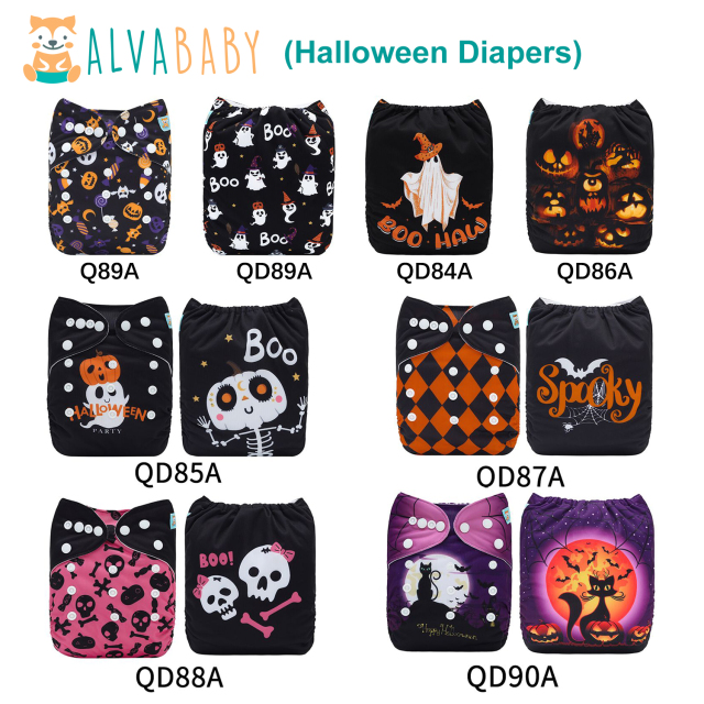 ALVABABY 2024 Halloween One Size Printed Cloth Diaper with Microfiber inserts
