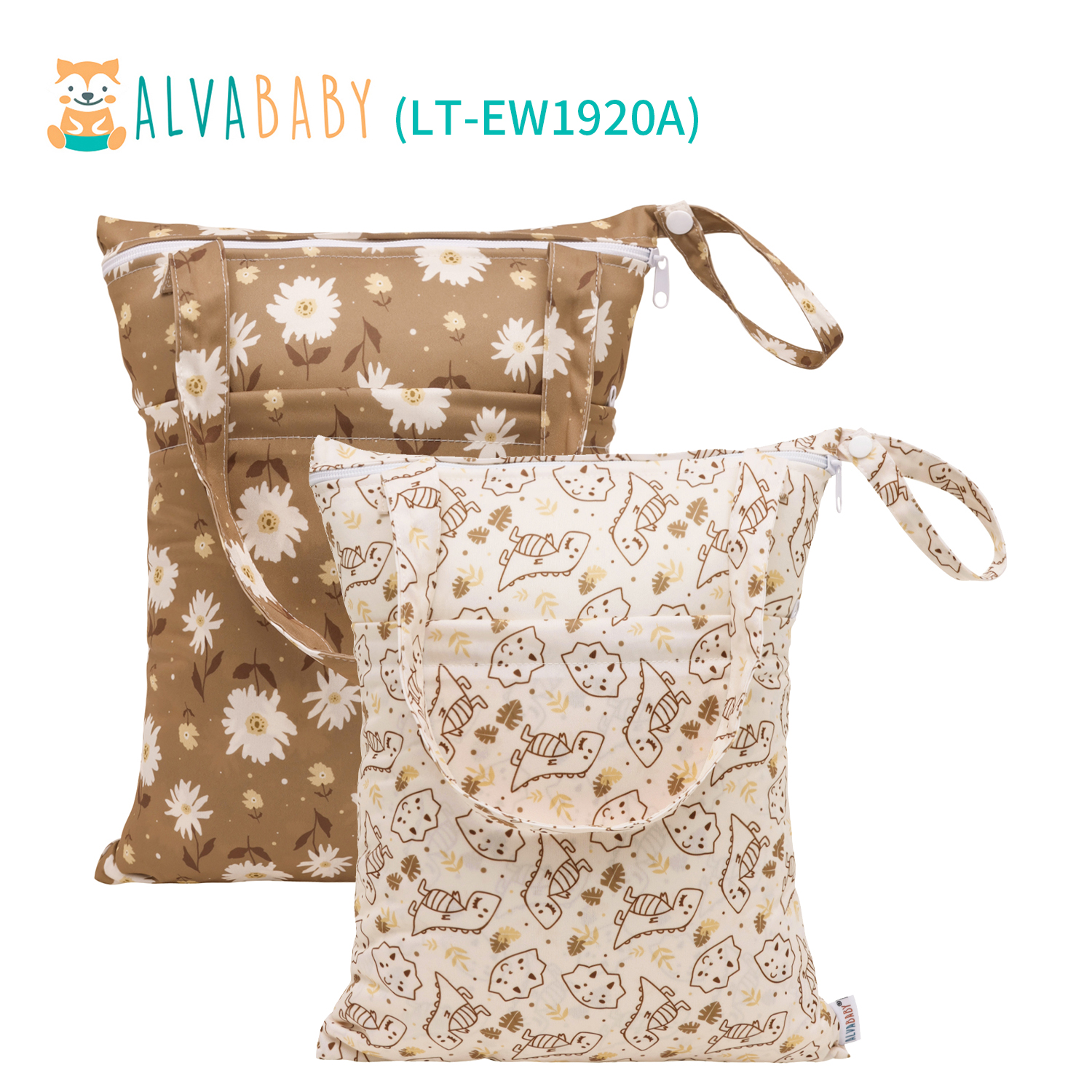ALVABABY 2PCS Regular Tote Diaper Wet Dry Bags with Durable Handle Double Zippered Pockets Cloth Diaper Wet Bags Tote Bags Maillard Colors (LT-EW1920A)