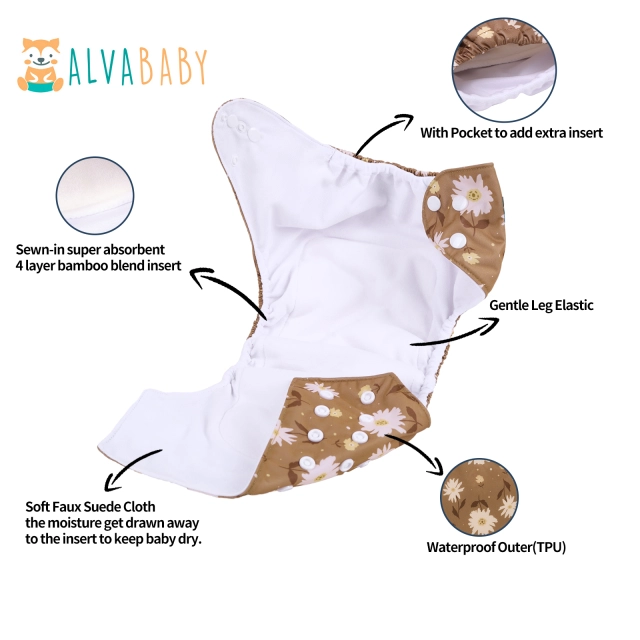 All In One Diaper with Pocket Sewn-in one 4-layer Bamboo blend insert-Flower(AO-EW19A)