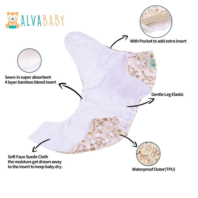All In One Diaper with Pocket Sewn-in one 4-layer Bamboo blend insert-Dinosaur(AO-EW20A)