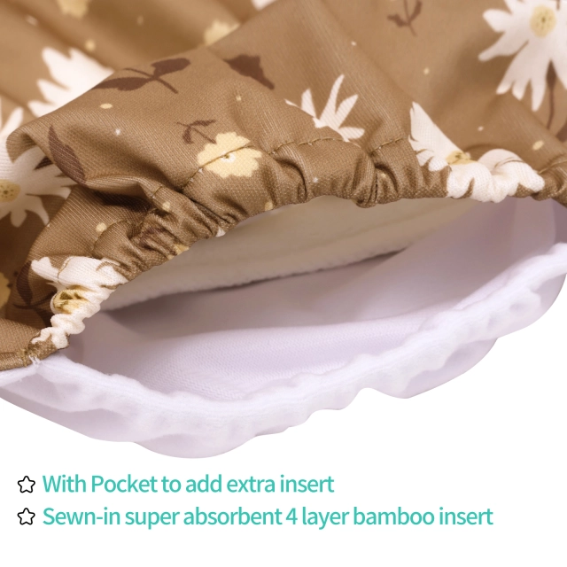 All In One Diaper with Pocket Sewn-in one 4-layer Bamboo blend insert-Flower(AO-EW19A)