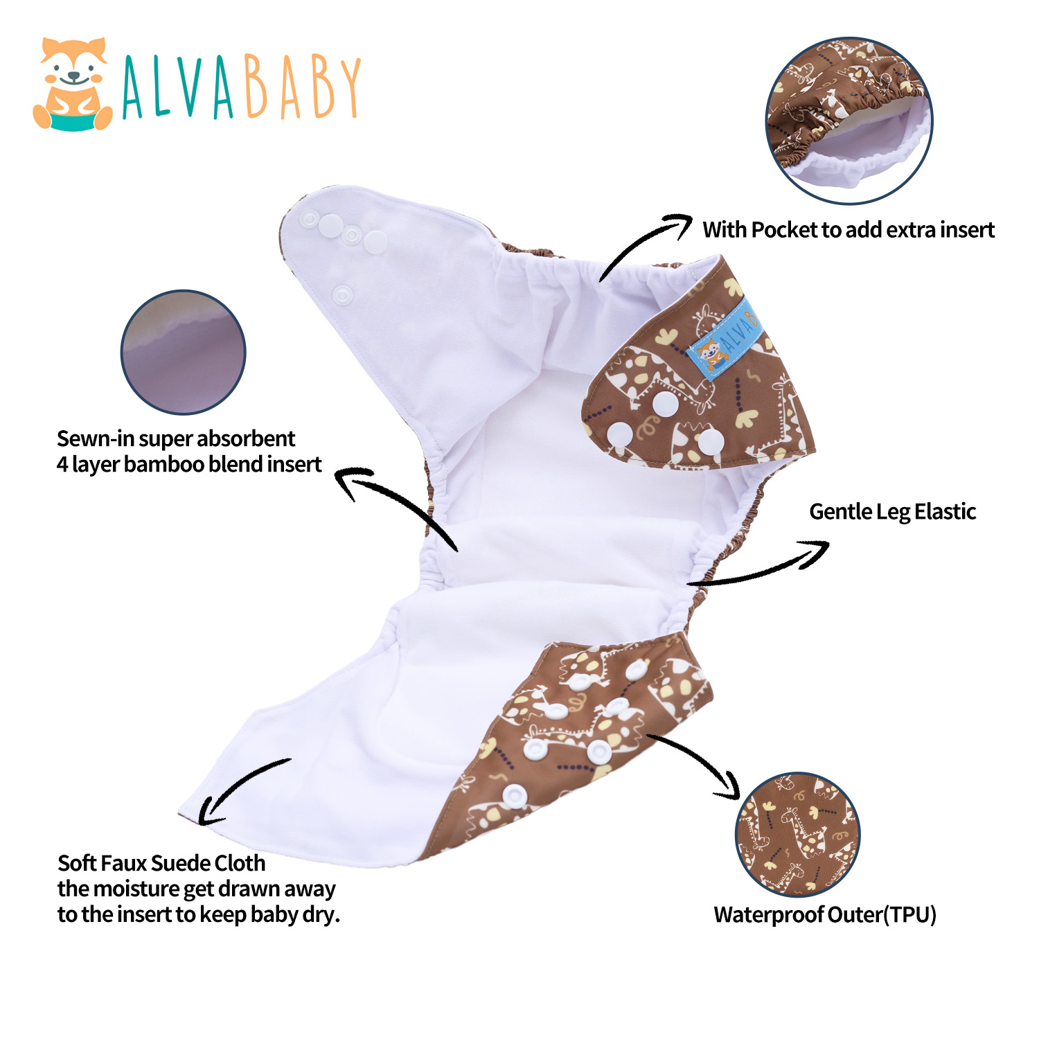 All In One Diaper with Pocket Sewn-in one 4-layer Bamboo blend insert-Giraffe(AO-EW22A)