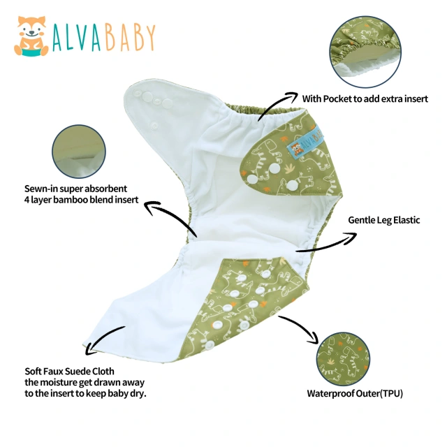 All In One Diaper with Pocket Sewn-in one 4-layer Bamboo blend insert-Zebra(AO-EW25A)