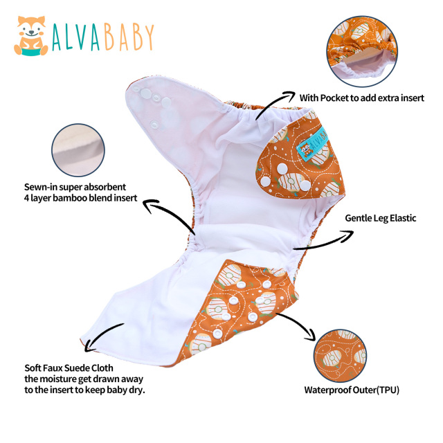 All In One Diaper with Pocket Sewn-in one 4-layer Bamboo blend insert-(AO-EW23A)