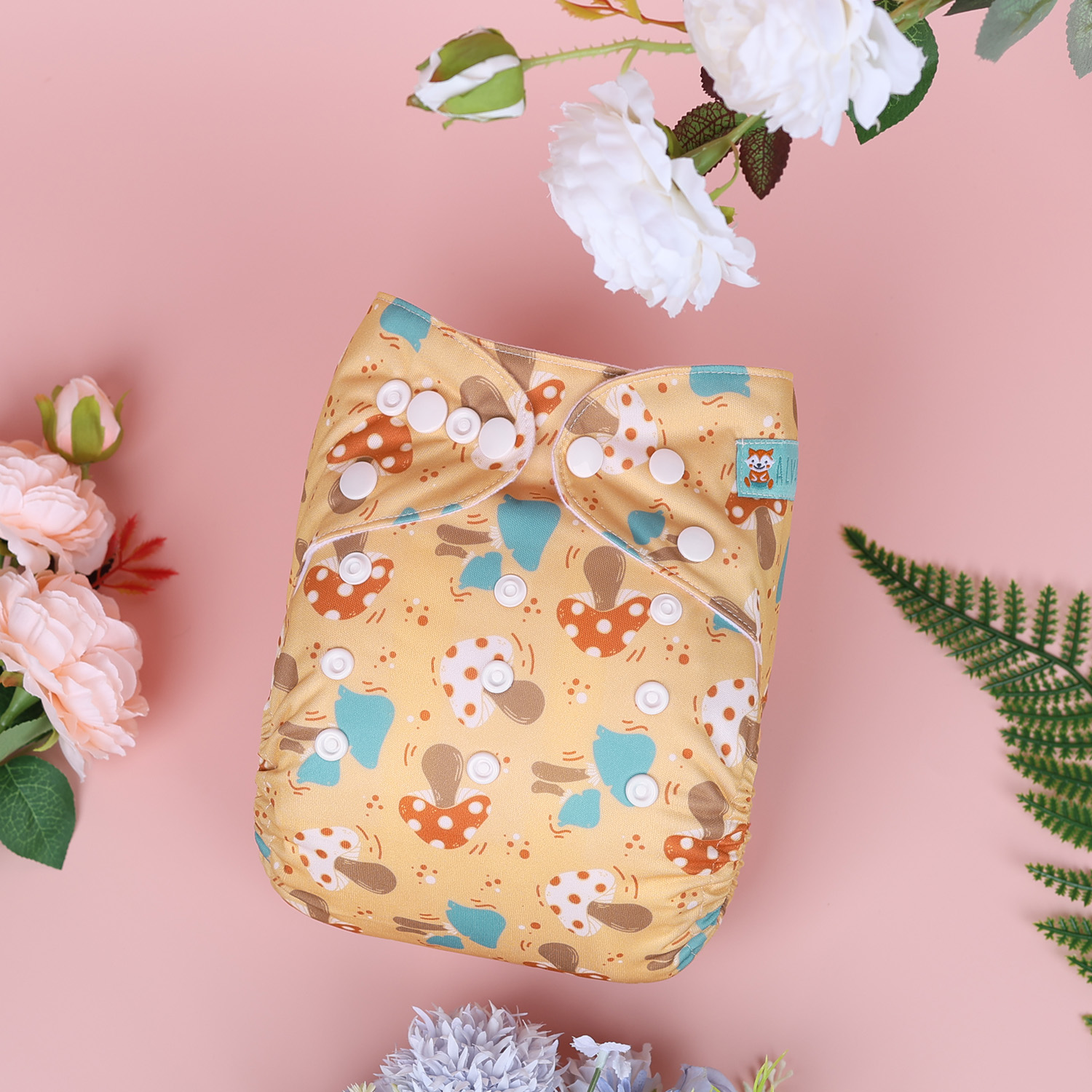 All In One Diaper with Pocket Sewn-in one 4-layer Bamboo blend insert-Mushroom(AO-EW26A)