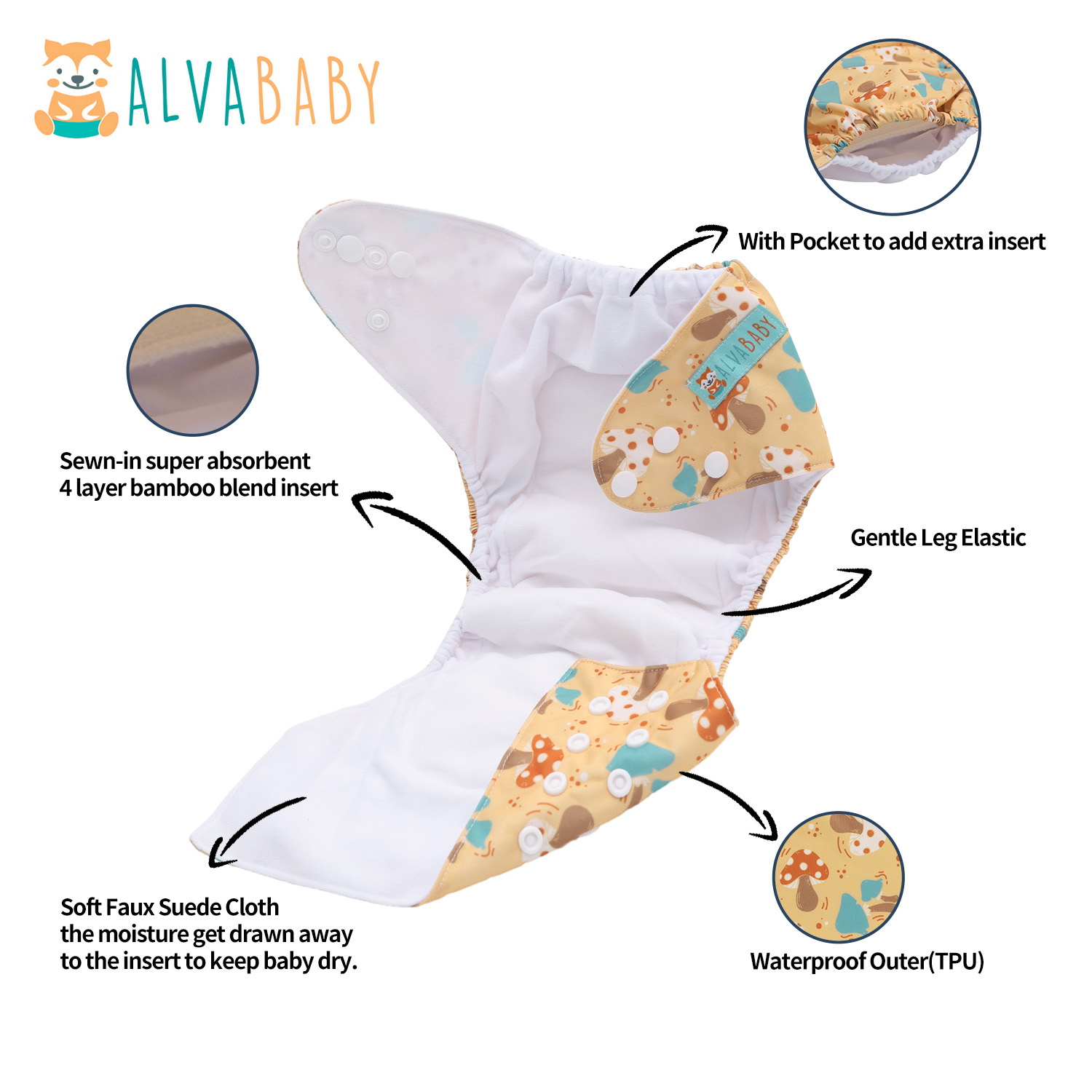 All In One Diaper with Pocket Sewn-in one 4-layer Bamboo blend insert-Mushroom(AO-EW26A)