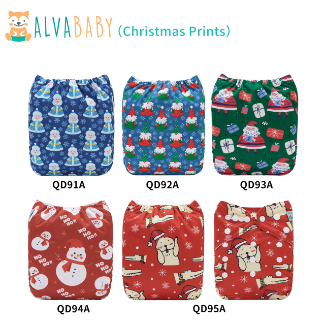 ALVABABY 2024 Christmas One Size Printed Cloth Diaper with Microfiber inserts
