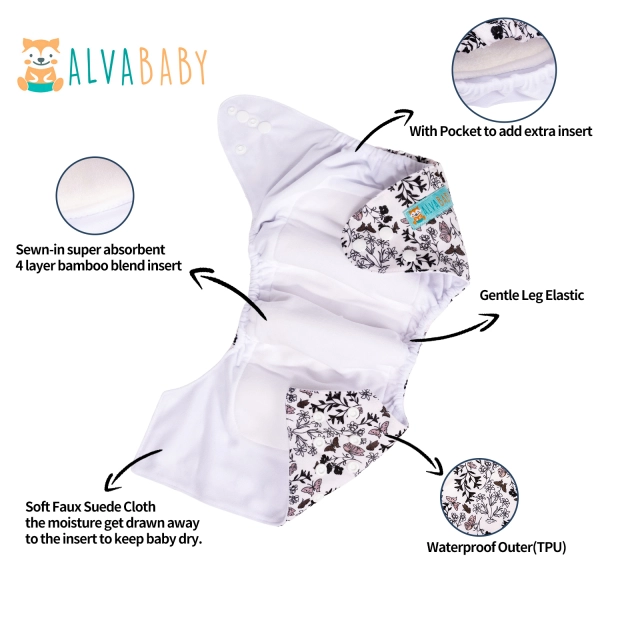 All In One Diaper with Pocket Sewn-in one 4-layer Bamboo blend insert - Skull (AO-YA132A)