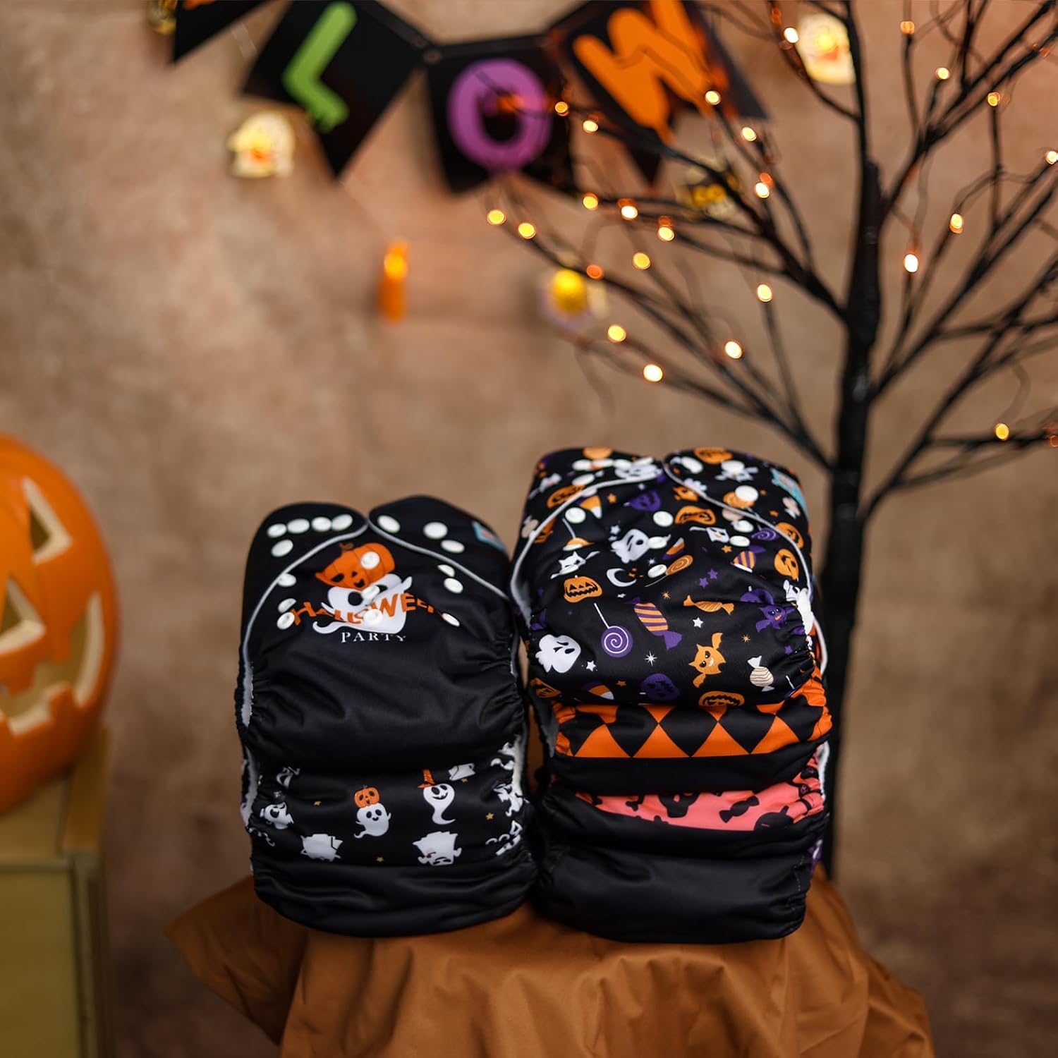 6-Pack Halloween Cloth Diapers with 6 Microfiber Inserts - One Size Reusable and Adjustable Pocket Diapers for Infants & Toddlers