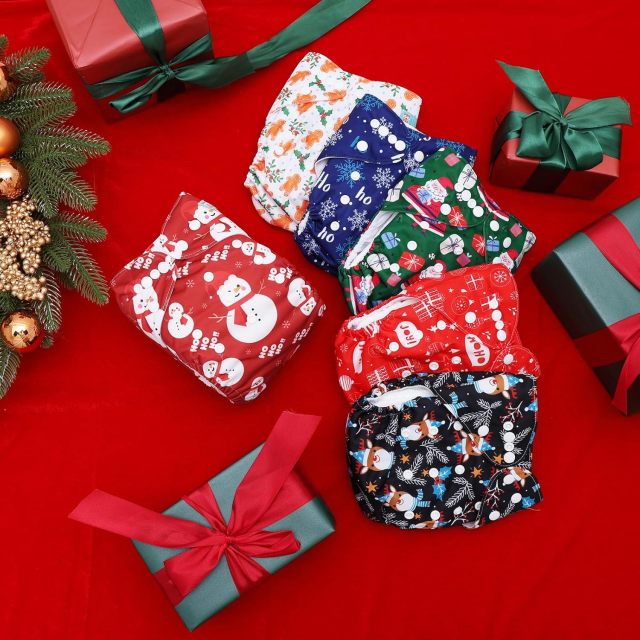 ALVABABY Christmas Cloth Diapers 6 Pack with 6pcs Microfiber Inserts One Size Adjustable Washable Reusable Diapers for Babies