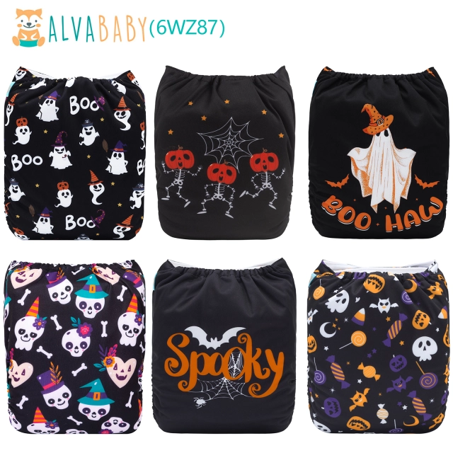 ALVABABY Halloween Cloth Diapers 6 Pack with 6pcs Microfiber Inserts One Size Adjustable Washable Reusable Diapers for Babies