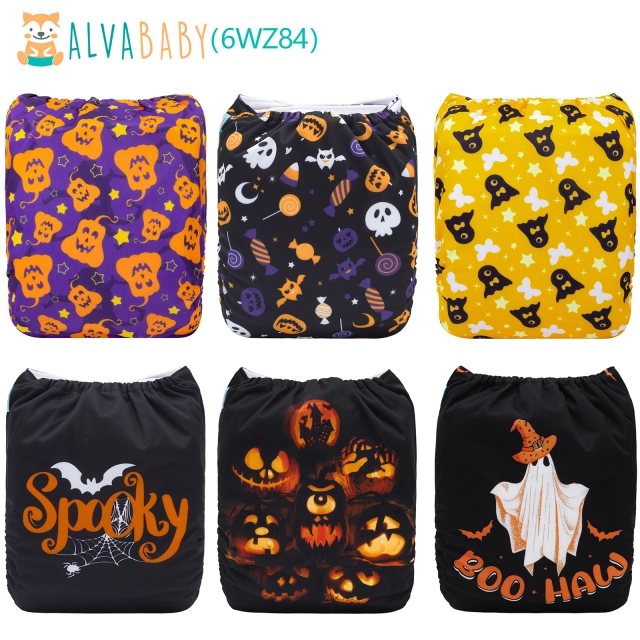 ALVABABY Halloween Cloth Diapers 6 Pack with 6pcs Microfiber Inserts One Size Adjustable Washable Reusable Diapers for Babies