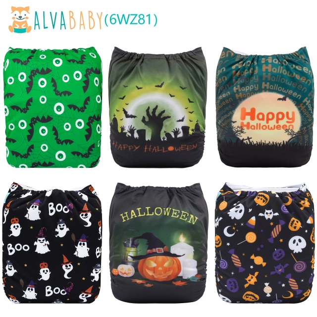 ALVABABY Halloween Cloth Diapers 6 Pack with 6pcs Microfiber Inserts One Size Adjustable Washable Reusable Diapers for Babies