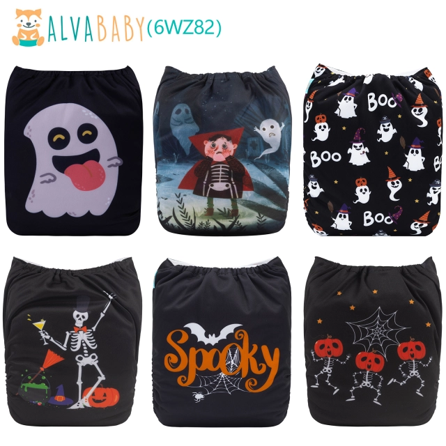 ALVABABY Halloween Cloth Diapers 6 Pack with 6pcs Microfiber Inserts One Size Adjustable Washable Reusable Diapers for Babies