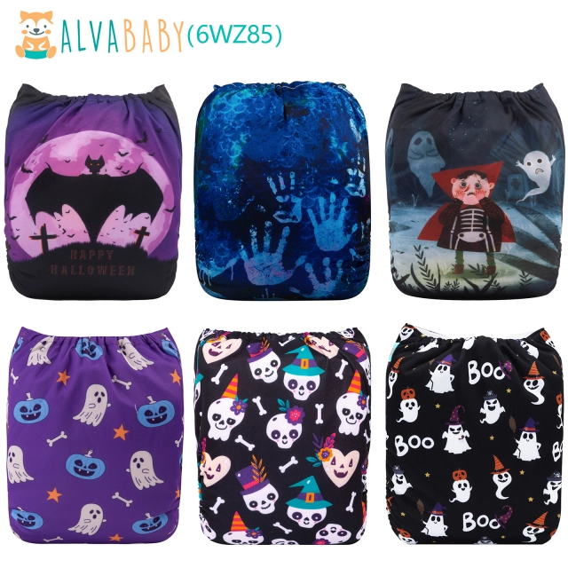 ALVABABY Halloween Cloth Diapers 6 Pack with 6pcs Microfiber Inserts One Size Adjustable Washable Reusable Diapers for Babies