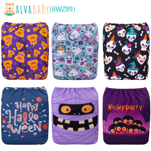 ALVABABY Halloween Cloth Diapers 6 Pack with 6pcs Microfiber Inserts One Size Adjustable Washable Reusable Diapers for Babies