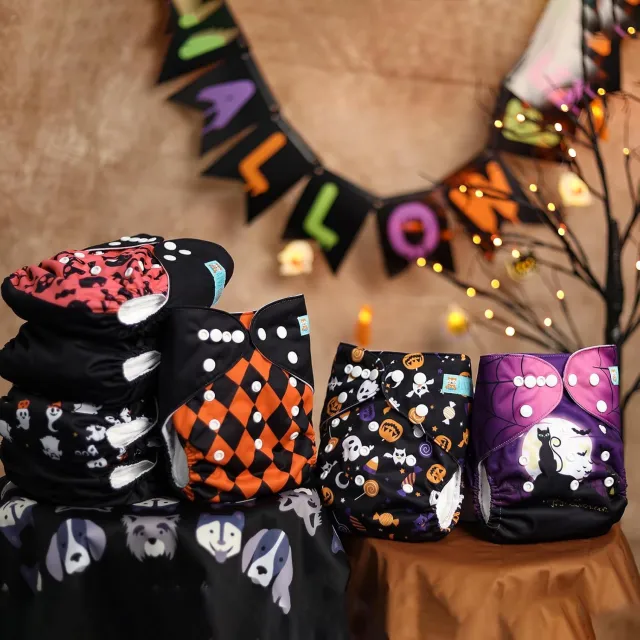 (All Packs) Halloween Cloth Diapers 6 Pack with 6pcs Microfiber Inserts One Size Reusable Diapers for Babies