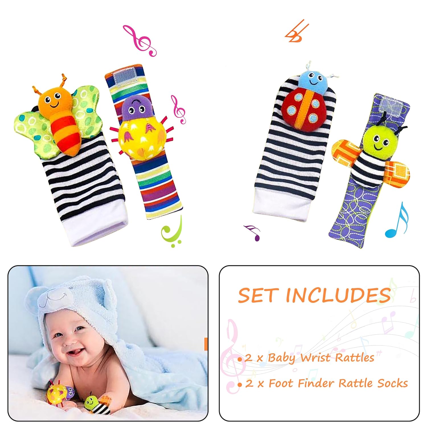 Baby Rattle Toys Baby Wrist Rattles and Foot Finders Set Soft and Safe Sensory Toys for