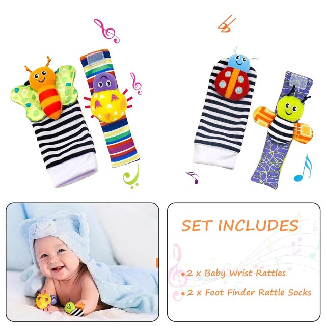 Baby Rattle Toys Baby Wrist Rattles and Foot Finders Set - Soft and Safe Sensory Toys for Newborns and Infants