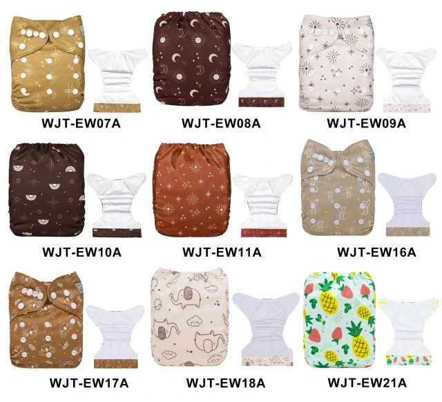 (Multi-packs) 20PCS Printed AWJ Cloth Diapers with Tummy Panels One Size Reusable Adjustatble Cloth Baby Diapers(With 20 Inserts)