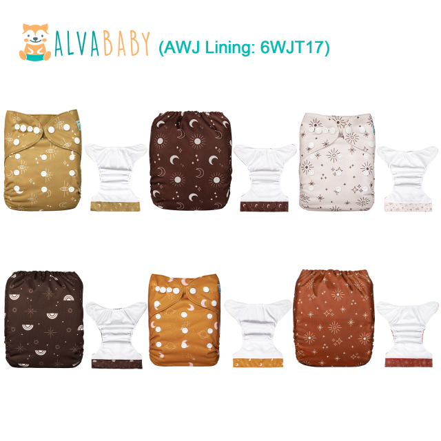 (All packs) AWJ Cloth Diapers 6 Pack with 6pcs 4-Layer-Bamboo-Inserts One Size Adjustable Washable Reusable Pocket Cloth Diapers for Babies
