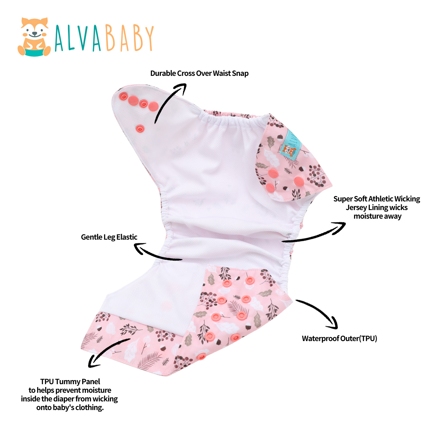 ALVABABY AWJ Lining Cloth Diaper with Tummy Panel for Babies -Flowers (WJT-EW30A)