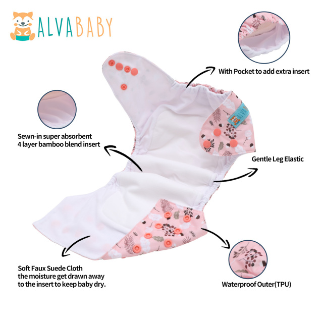 All In One Diaper with Pocket Sewn-in one 4-layer Bamboo blend insert-Flowers(AO-EW30A)