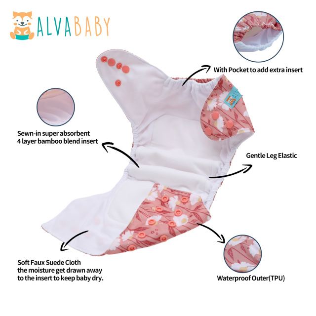 All In One Diaper with Pocket Sewn-in one 4-layer Bamboo blend insert-Flowers(AO-EW29A)