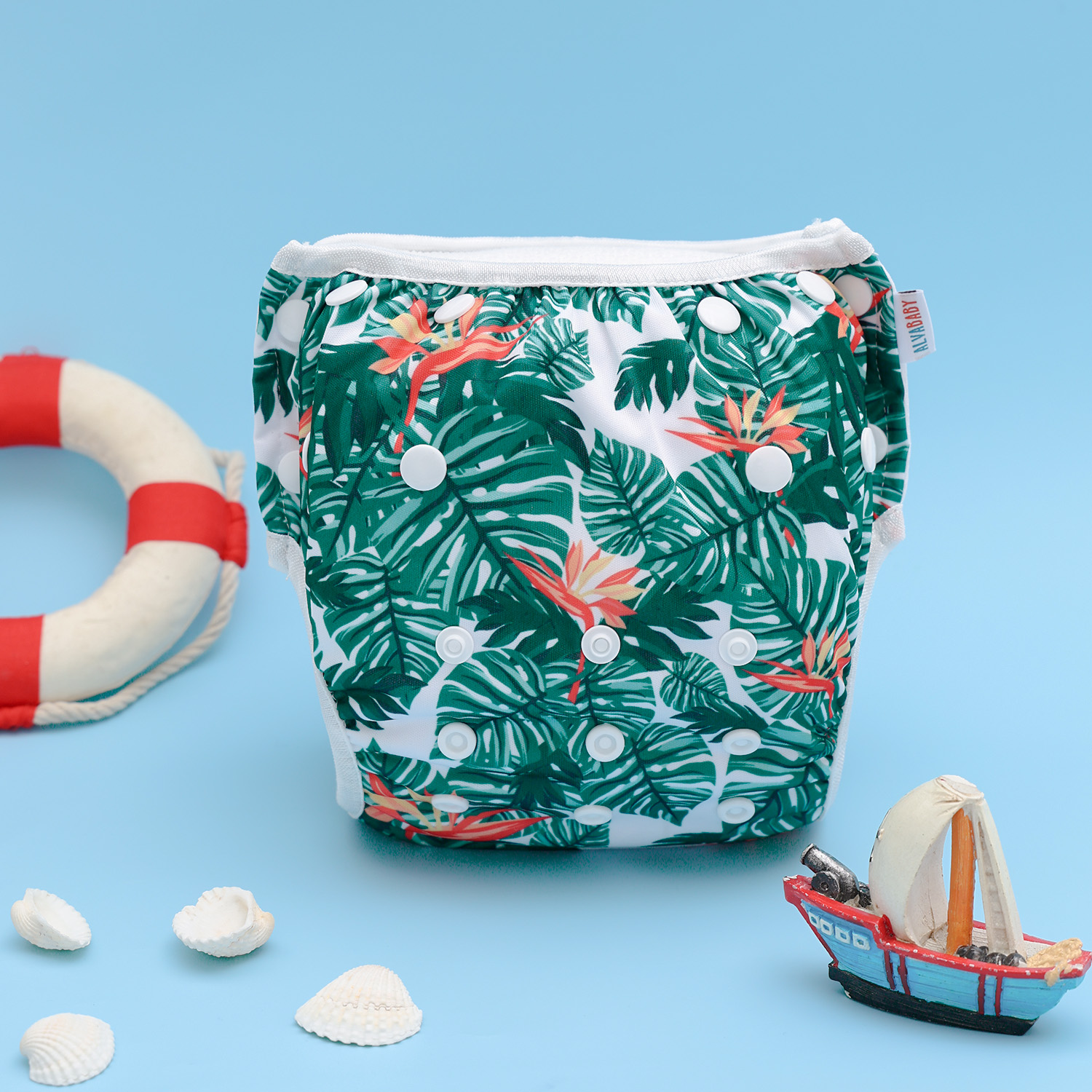 ALVABABY Reusable Swim Diaper - Adjustable One Size Swimwear for Infants & Toddlers (Palm Leaves SW-EW34A)