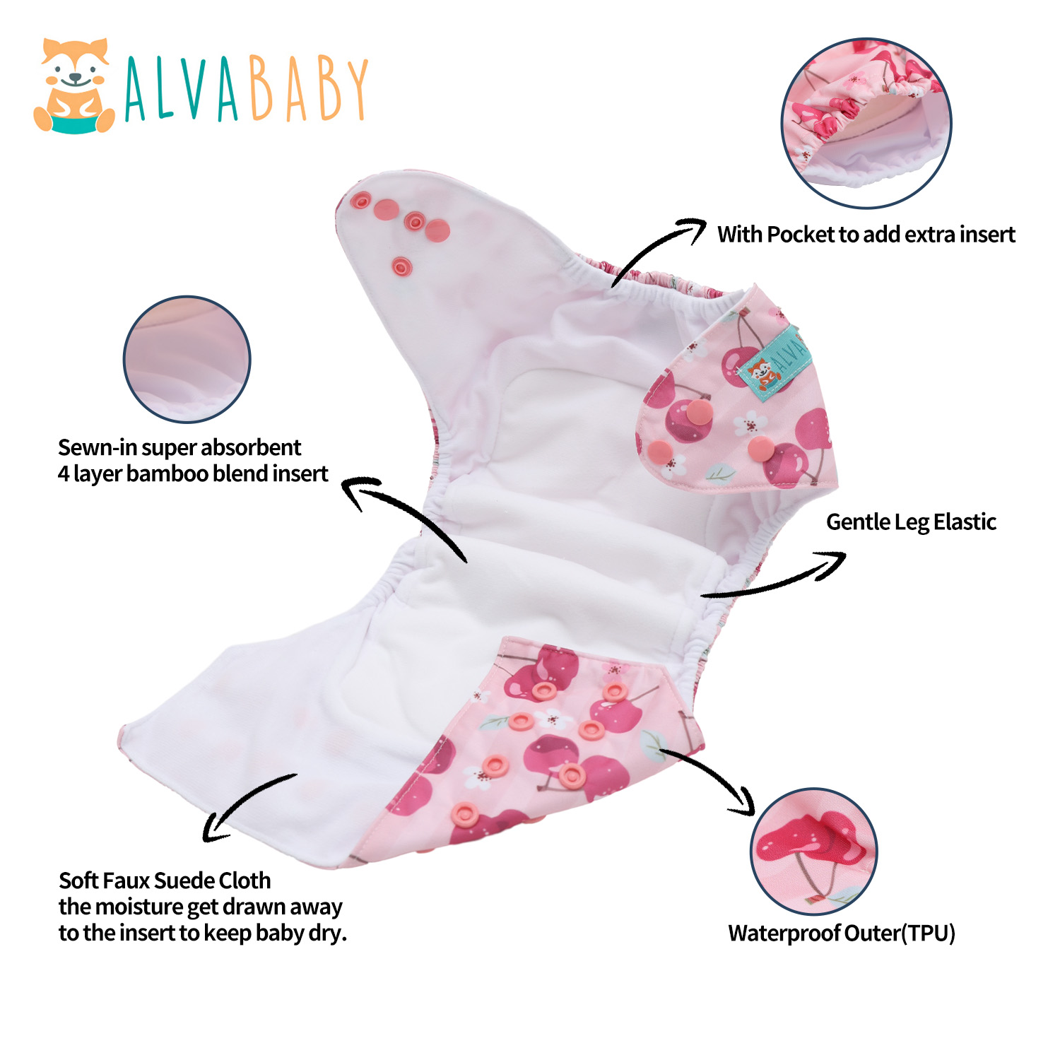 All In One Diaper with Pocket Sewn-in one 4-layer Bamboo blend insert-Cherry(AO-EW27A)