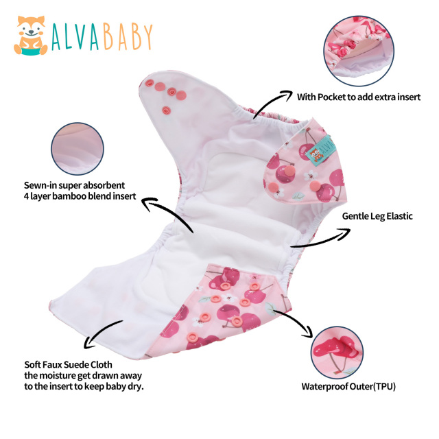 All In One Diaper with Pocket Sewn-in one 4-layer Bamboo blend insert-Cherry(AO-EW27A)