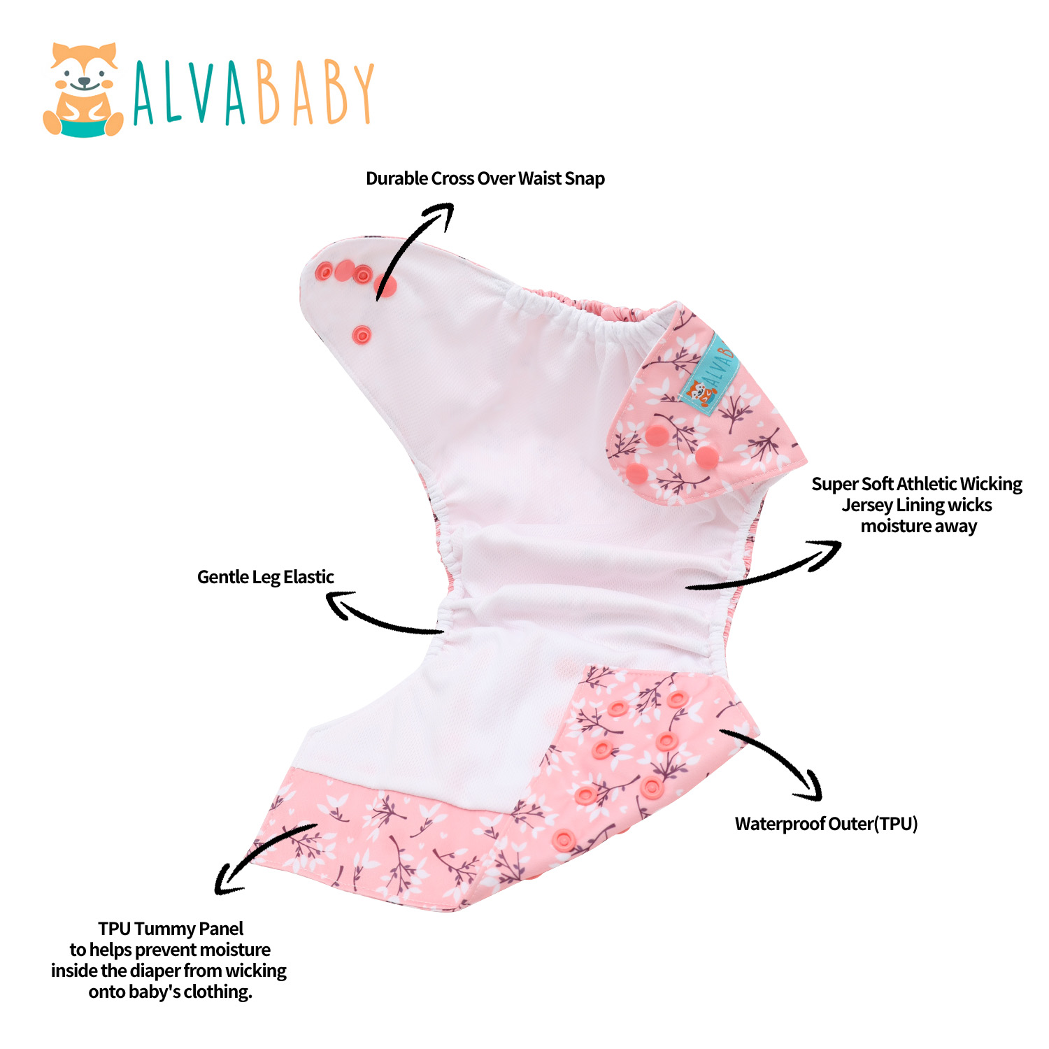 ALVABABY AWJ Lining Cloth Diaper with Tummy Panel for Babies -Flowers (WJT-EW32A)