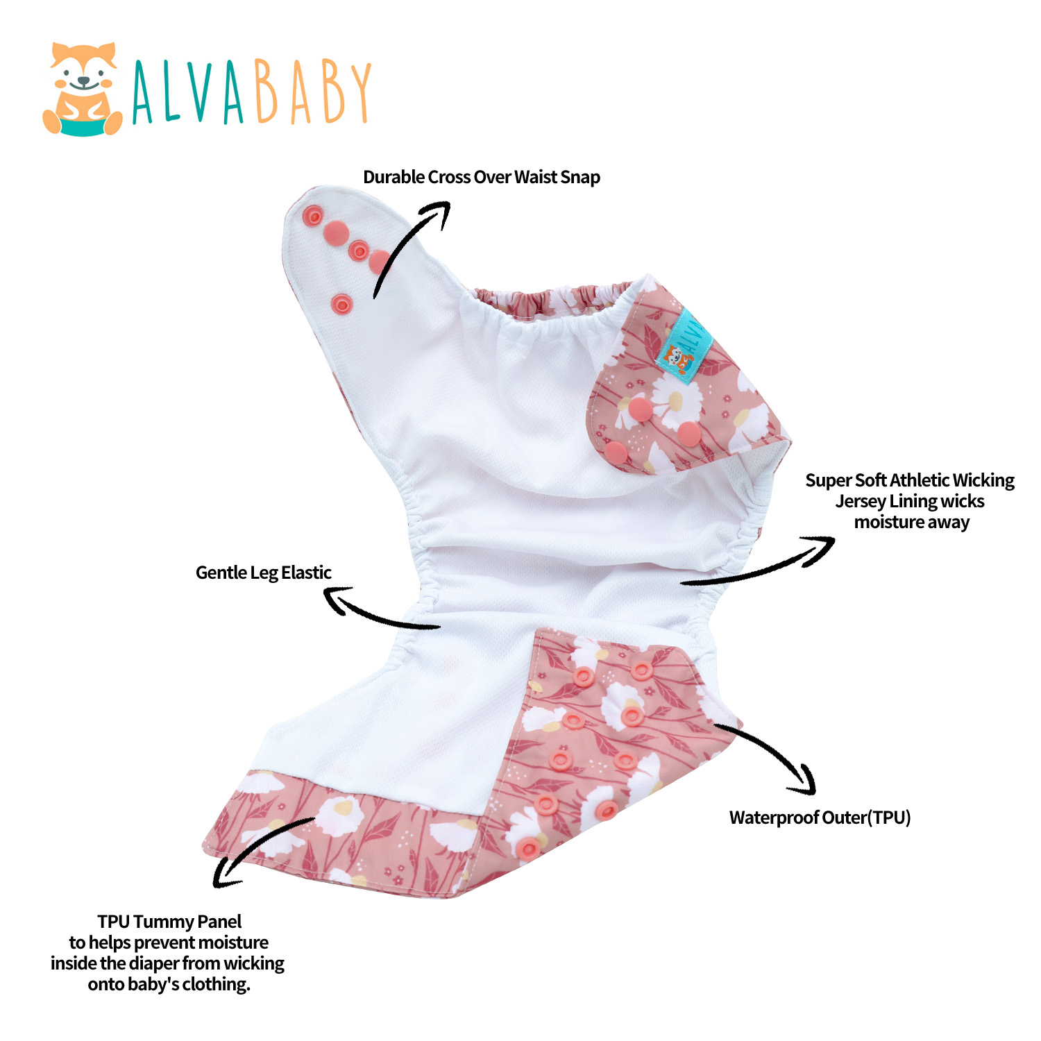 ALVABABY AWJ Lining Cloth Diaper with Tummy Panel for Babies -Flowers (WJT-EW29A)