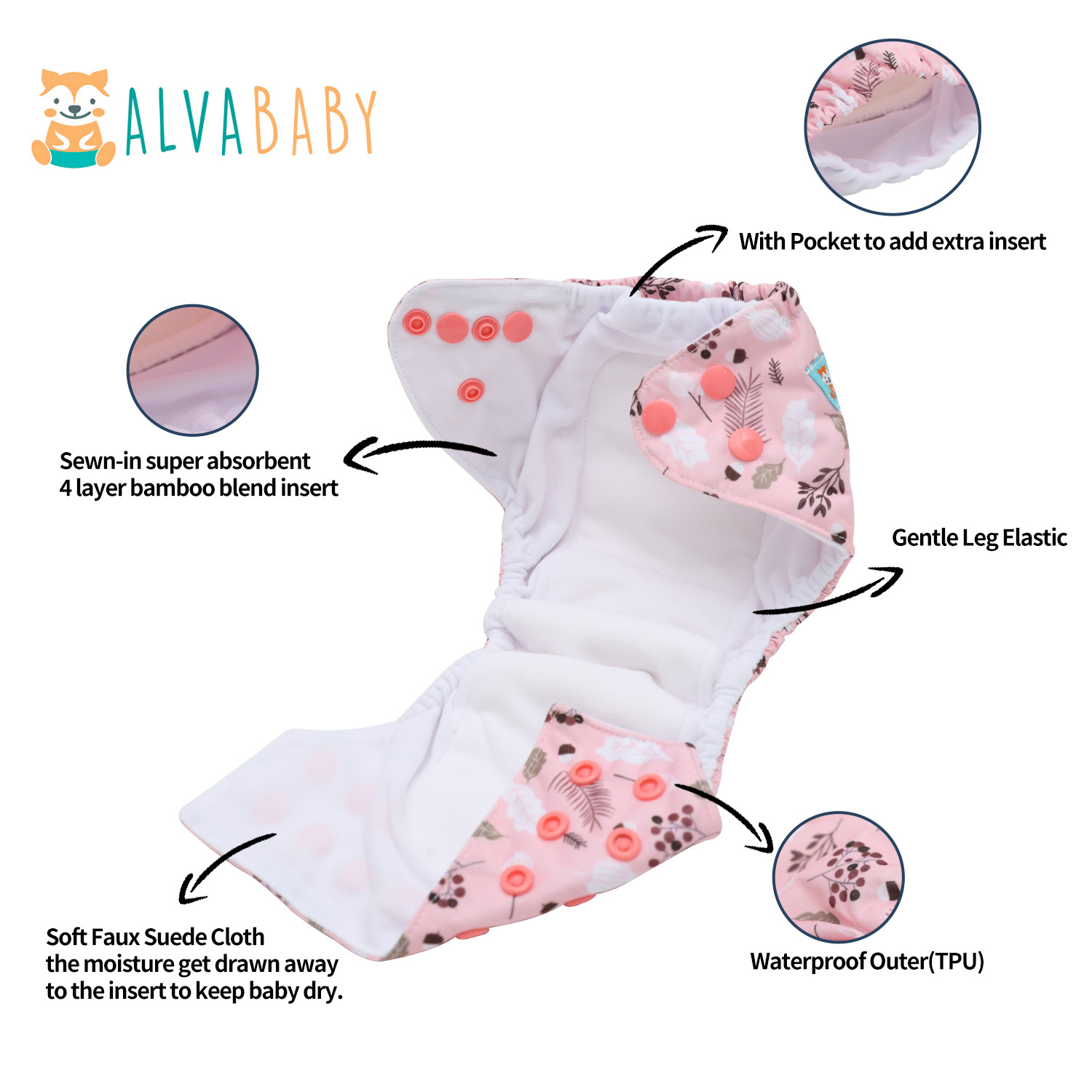 Newborn all In One Diaper with Pocket Sewn-in one Newborn 4-layer Bamboo blend insert-Flowers(SAO-EW30A)