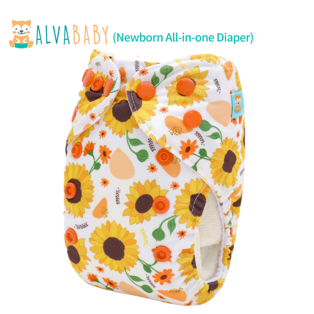 Newborn all In One Diaper with Pocket Sewn-in one Newborn 4-layer Bamboo blend insert-Sunflowers(SAO-EW33A)