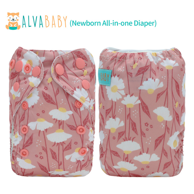 Newborn all In One Diaper with Pocket Sewn-in one Newborn 4-layer Bamboo blend insert-Flowers(SAO-EW29A)