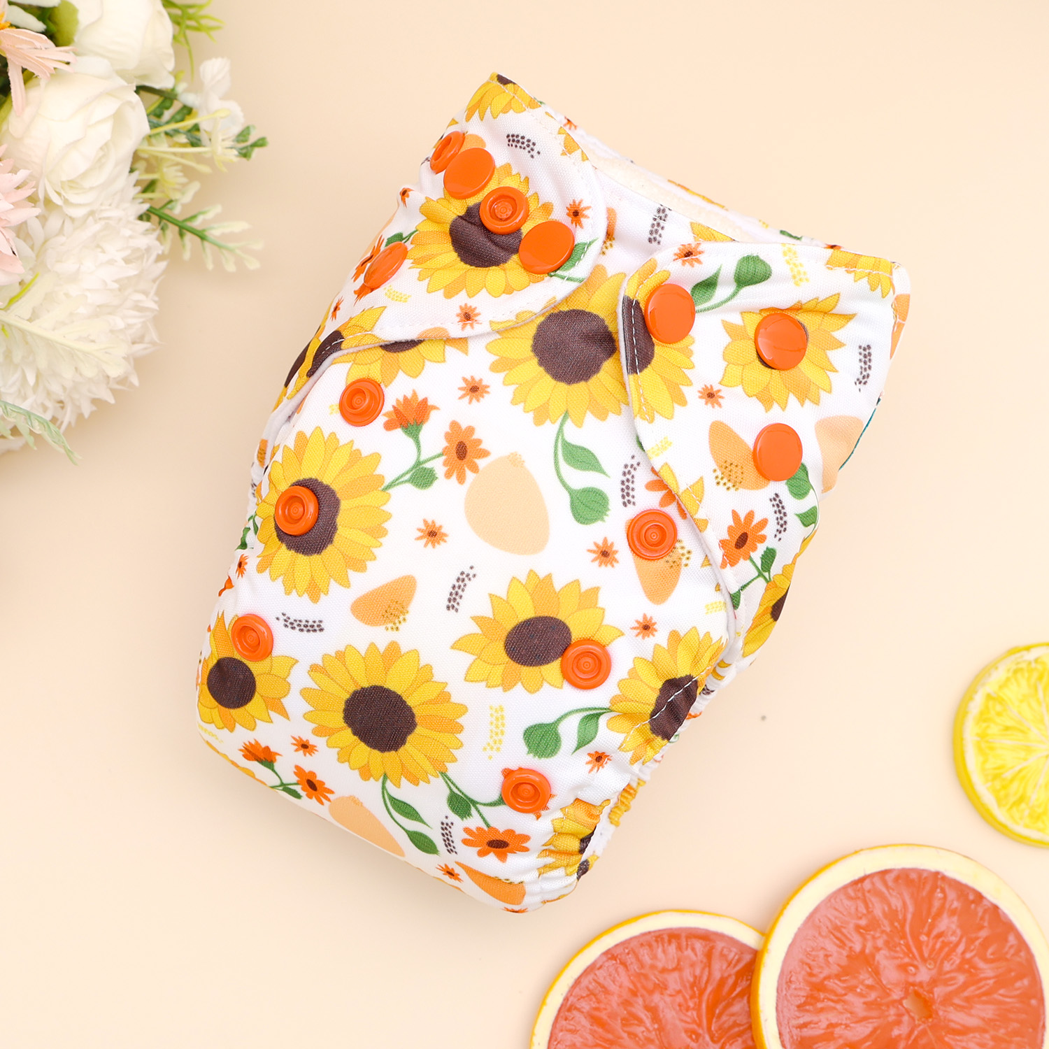 Newborn all In One Diaper with Pocket Sewn-in one Newborn 4-layer Bamboo blend insert-Sunflowers(SAO-EW33A)
