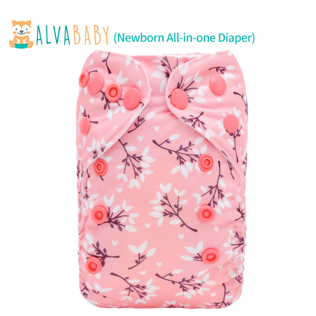 Newborn all In One Diaper with Pocket Sewn-in one Newborn 4-layer Bamboo blend insert-Flowers(SAO-EW32A)