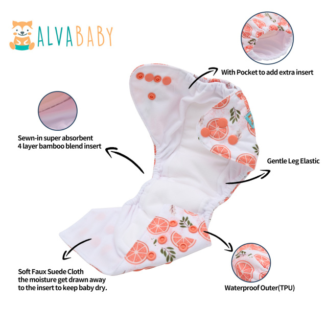Newborn all In One Diaper with Pocket Sewn-in one Newborn 4-layer Bamboo blend insert-Orange(SAO-EW31A)