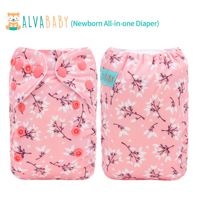 Newborn all In One Diaper with Pocket Sewn-in one Newborn 4-layer Bamboo blend insert-Flowers(SAO-EW32A)