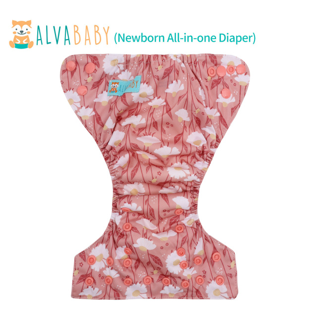 Newborn all In One Diaper with Pocket Sewn-in one Newborn 4-layer Bamboo blend insert-Flowers(SAO-EW29A)