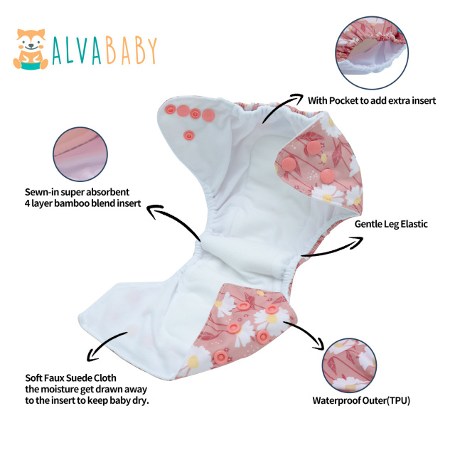 Newborn all In One Diaper with Pocket Sewn-in one Newborn 4-layer Bamboo blend insert-Flowers(SAO-EW29A)