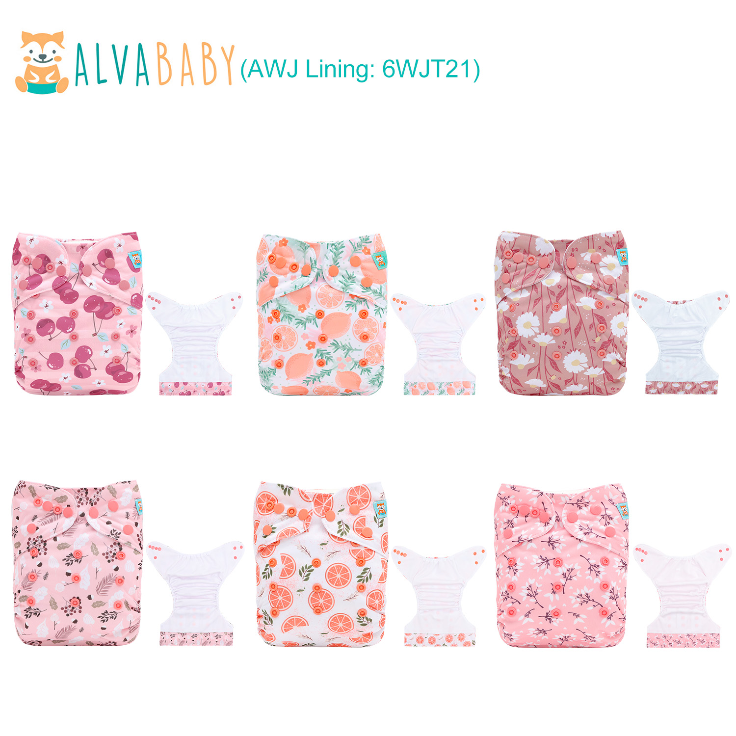 6-Pack AWJ Cloth Diapers with 6 Bamboo Inserts (4 Layers) - One Size Adjustable & Reusable Pocket Diapers for Summer