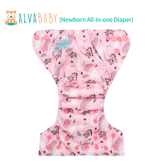 Newborn all In One Diaper with Pocket Sewn-in one Newborn 4-layer Bamboo blend insert-Flowers(SAO-EW30A)