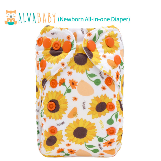 Newborn all In One Diaper with Pocket Sewn-in one Newborn 4-layer Bamboo blend insert-Sunflowers(SAO-EW33A)