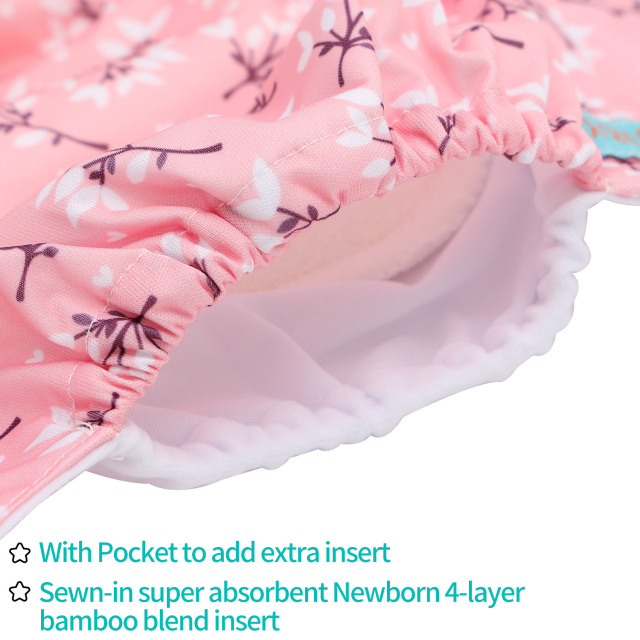 Newborn all In One Diaper with Pocket Sewn-in one Newborn 4-layer Bamboo blend insert-Flowers(SAO-EW32A)