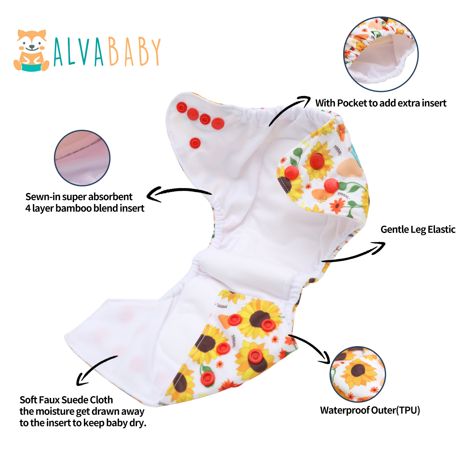 Newborn all In One Diaper with Pocket Sewn-in one Newborn 4-layer Bamboo blend insert-Sunflowers(SAO-EW33A)