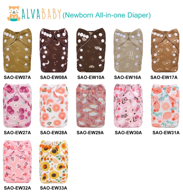 (Multi-packs) Newborn All In One Diaper with Pocket Sewn-in one 4-Layer-Bamboo Insert Newborn Cloth Diapers Adjustable Washable Reusable for Baby Girls and Boys